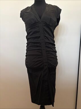 Xscape Black Ruched V-Neck Midi Dress